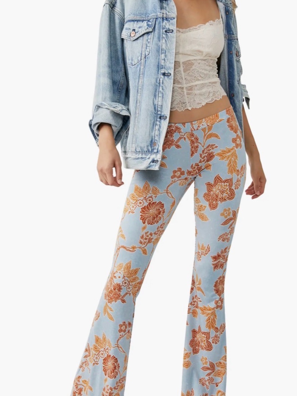 Free People Light Blue Flare Jeans with Orange Floral Print